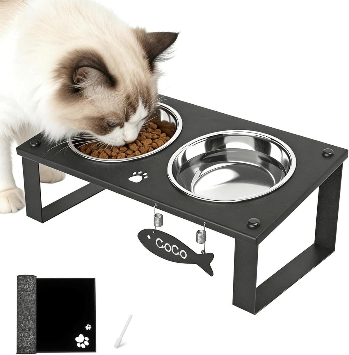 Elevated Cat Bowls with Splash Proof Mat for Kitten Puppy, 10° Tilted Raised Cat Bowl Stand Anti-Vomiting, 2 Wide Shallo