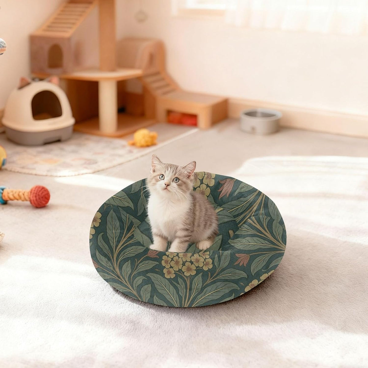 William Morris Euphorbia Pattern Pet Dog Beds Relieve Stress Dog Pillow Bed for Extra Small Size Pets Sleeping M