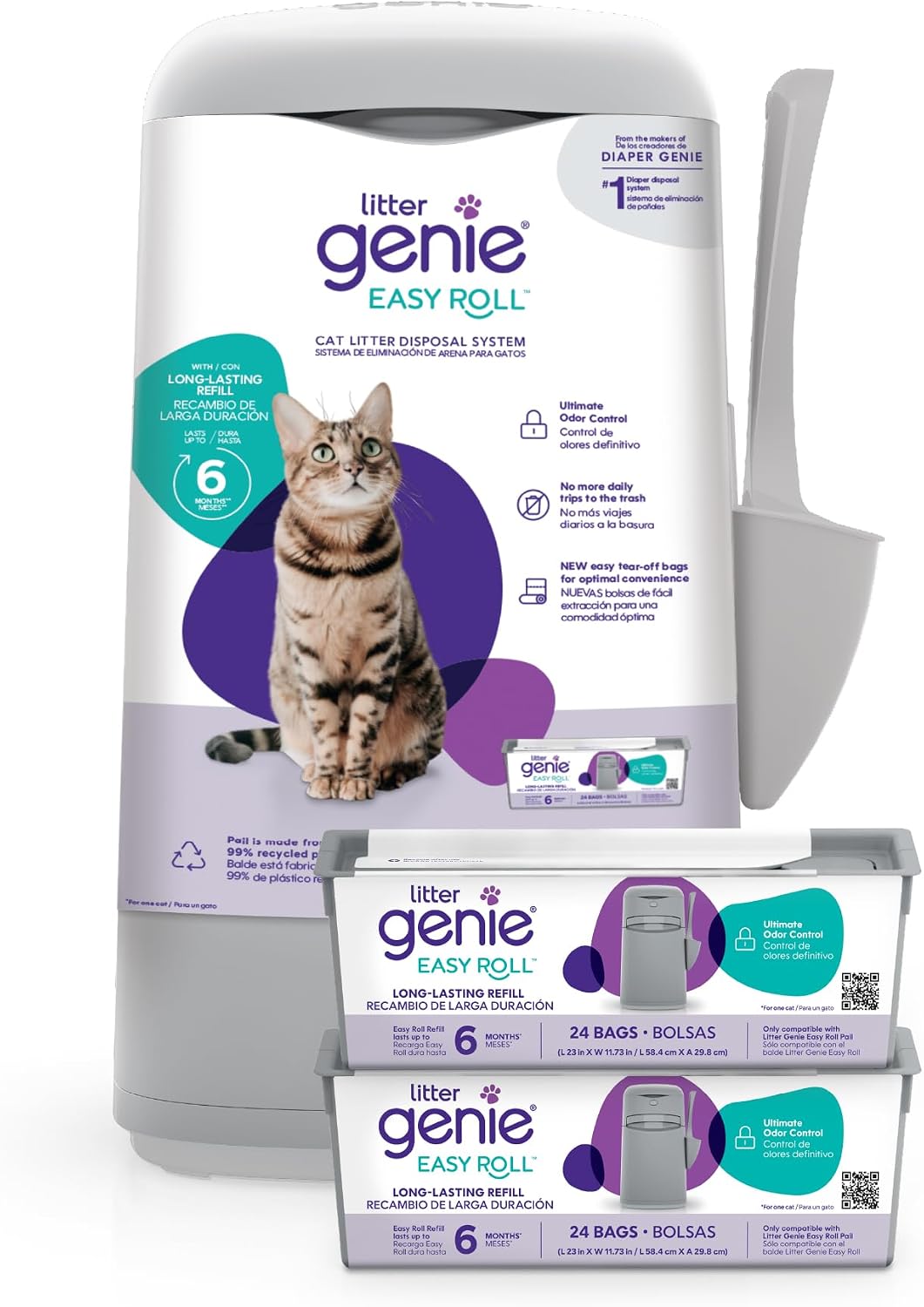 Bundle of Litter Genie Easy Roll Pail & Refill | Cat Litter Box Waste Disposal System for Odor Control with 2 Long Lasti