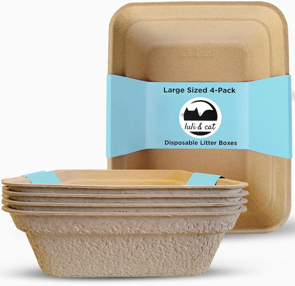 Luli & Cat Disposable Litter Boxes for Cats | Large Sized 4-Pack | Durable and Water Resistant