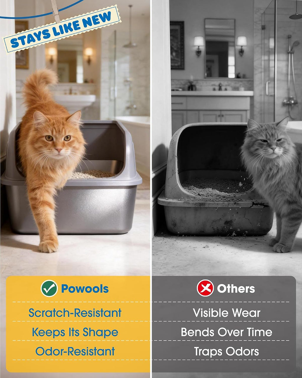 Powools Stainless Steel Cat Litter Box, High-Sided, Grey, M (1 Pack)