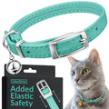 Soft Leather Cat Collar with Safety Elastic Strap - Mint Green