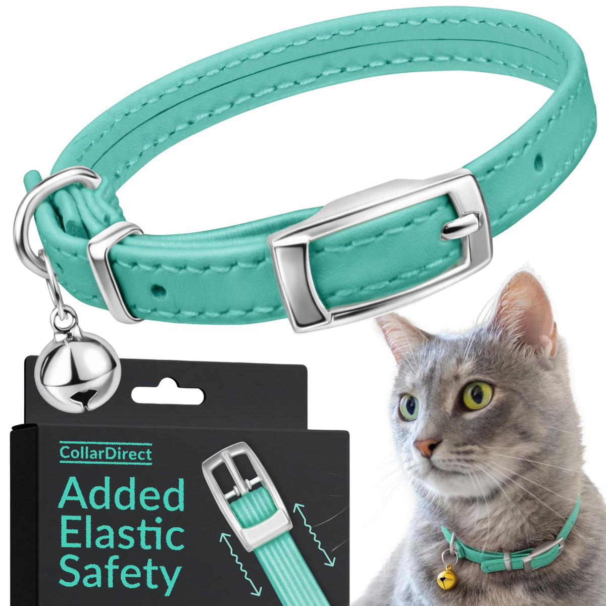 Soft Leather Cat Collar with Safety Elastic Strap - Mint Green