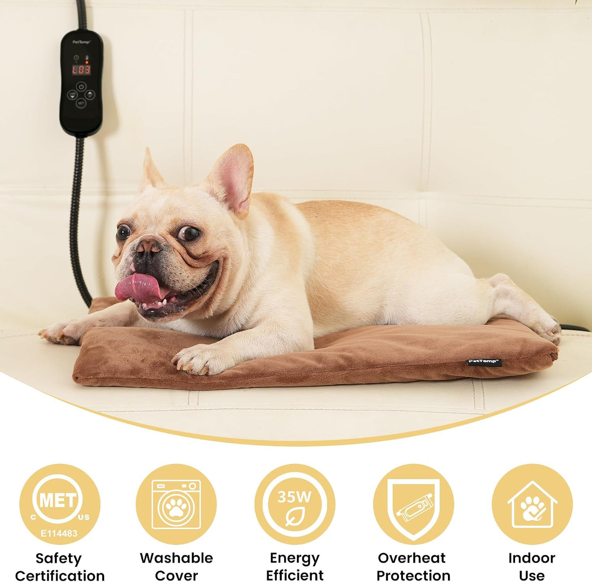 Dog Heating Pad, Heated Cat&Dog Bed, 5 Temps & Timer, Safety Listed, Brown