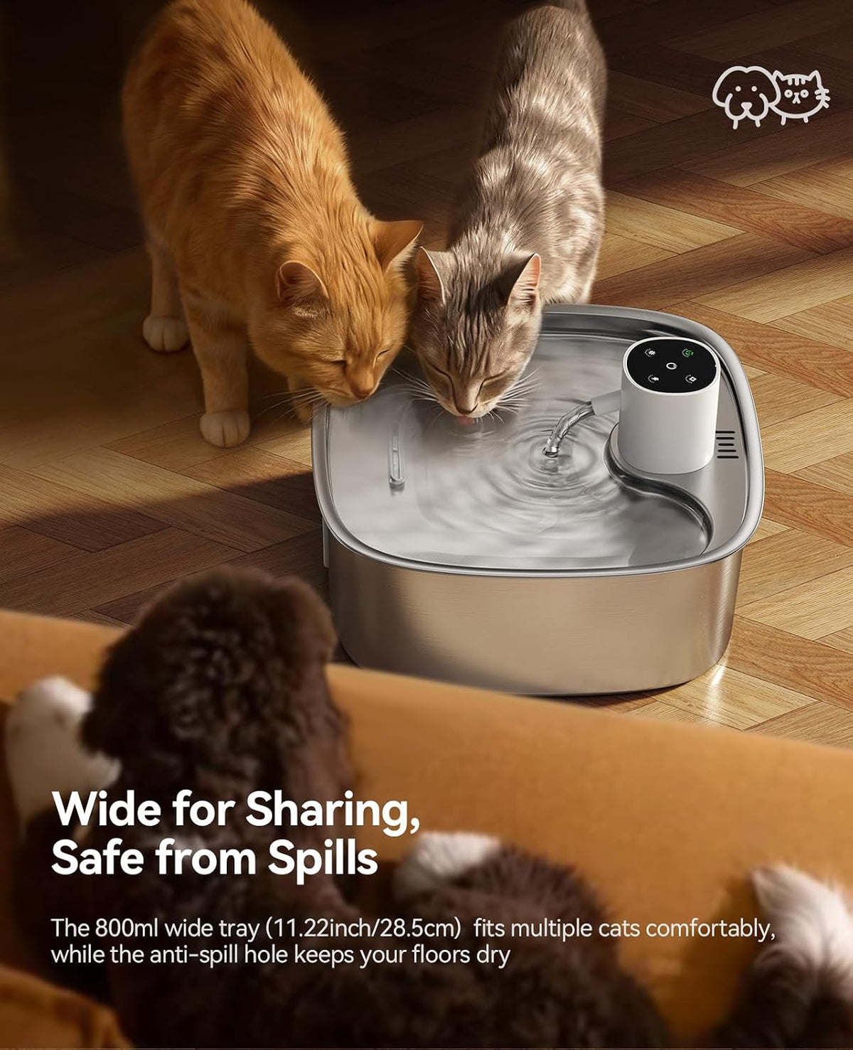 Cordless Wider Tray Dog Water Fountain, 5000mAh Battery Operated Dog Water Bowl Dispenser with 3 Motion Sensor, FEELNEED
