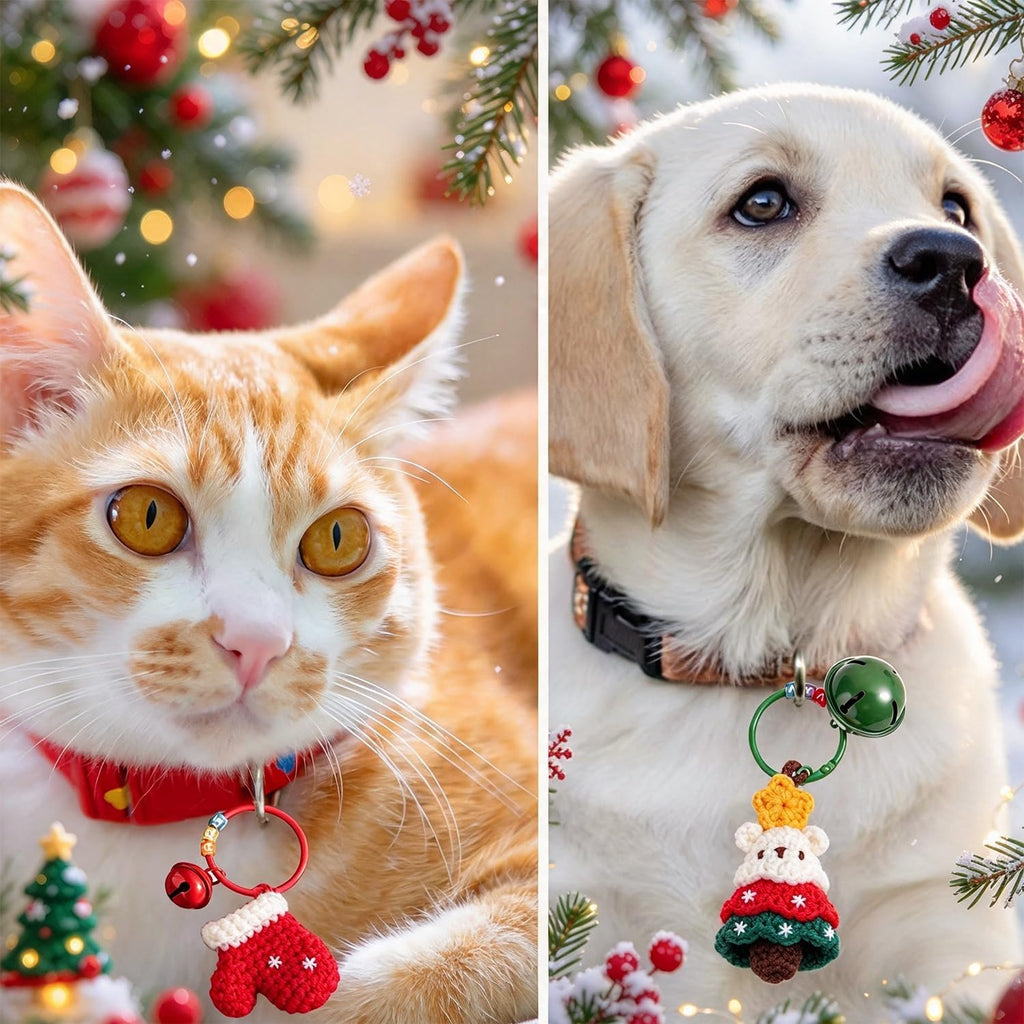 Christmas Pet Collar Charm, Handmade Crochet Cat & Dog Collar Pendant with Bell, Festive Pet Gift and Photo Prop (Gloves