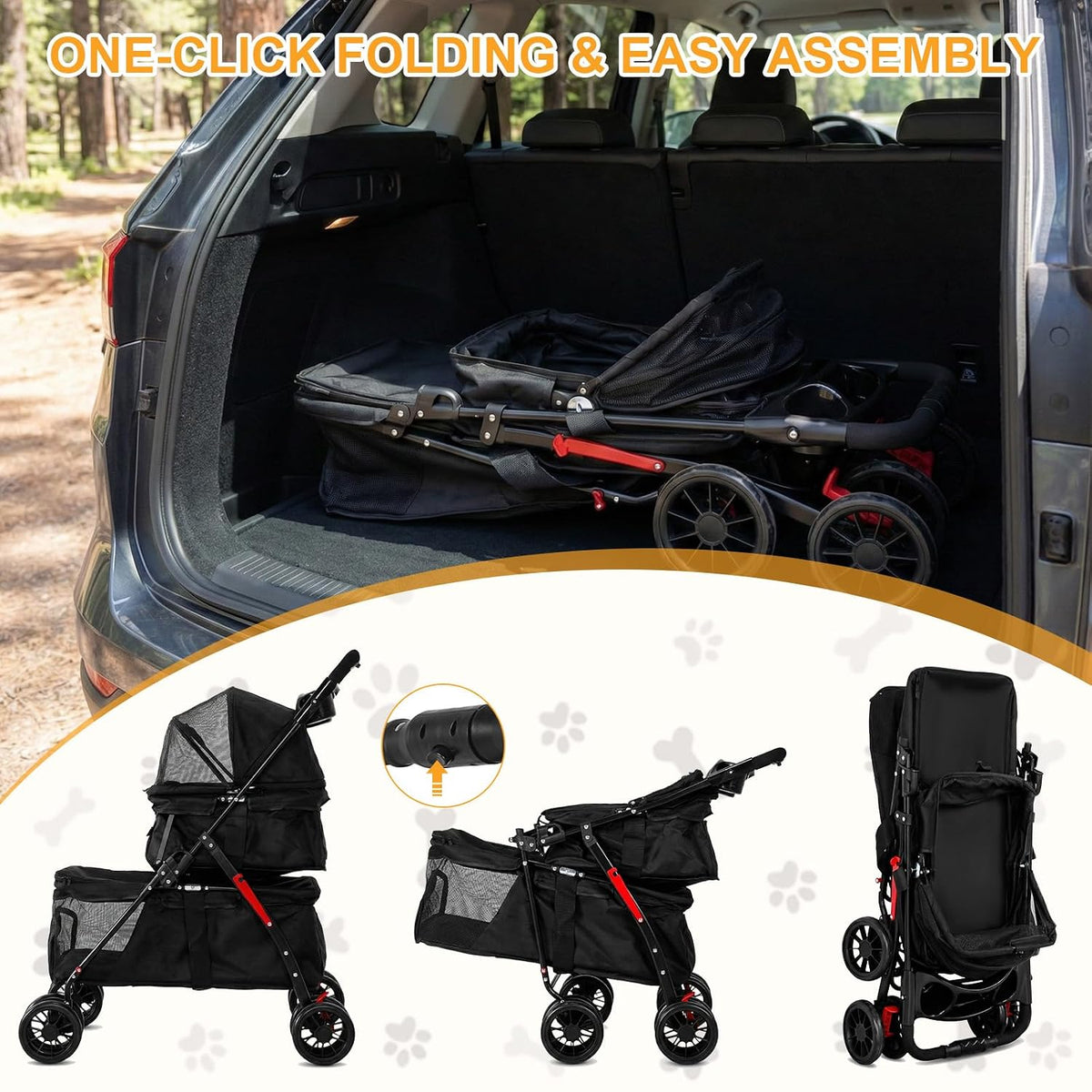 Double Pet Stroller for Small Cats and Dogs Foldable Kittens Puppies Travel Strolling Cart with Belts Cup Holder & Locka