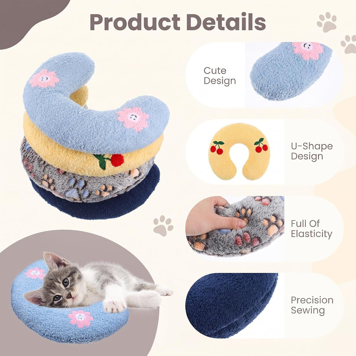 4 Pcs Cat Pillow, Soft Calming Neck Support Cushion,Colorful Pet Dog Pillow