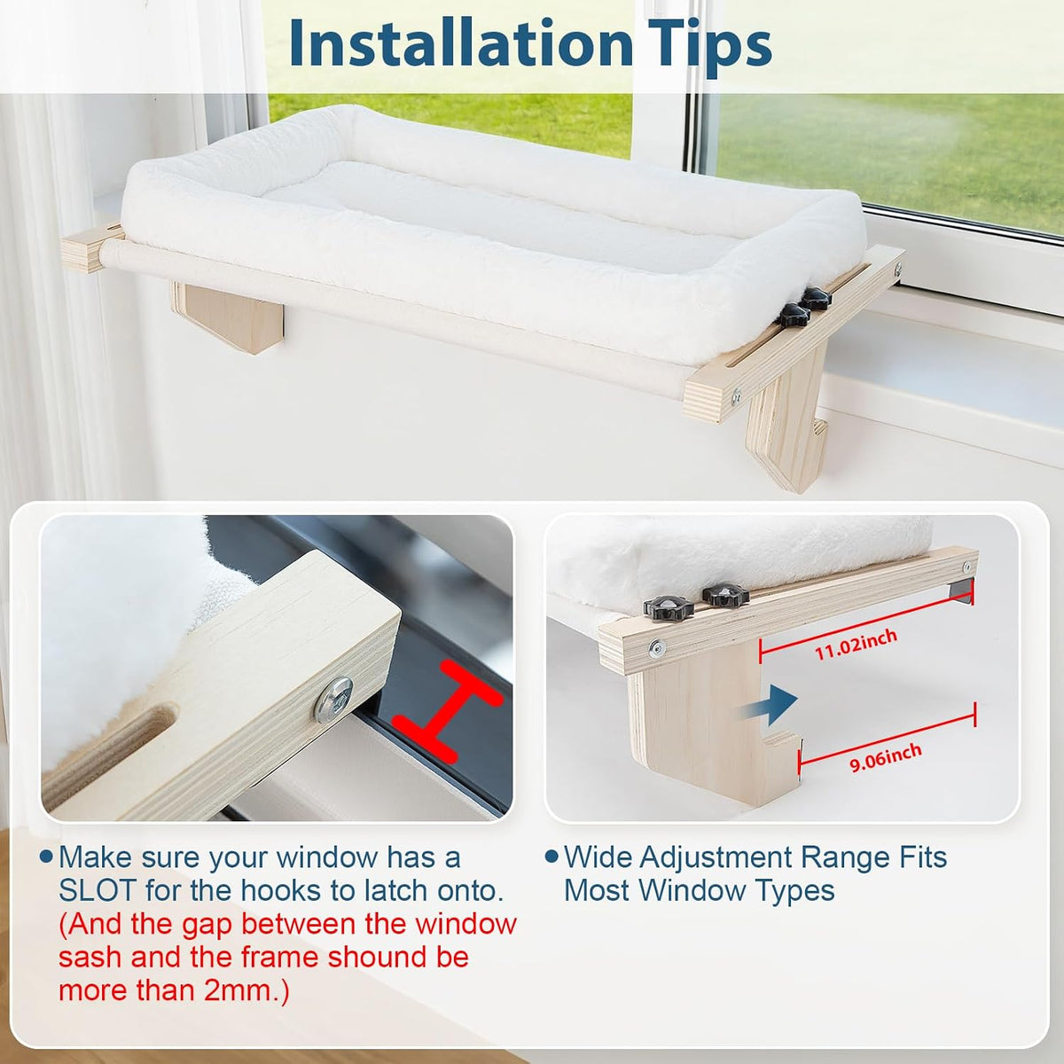 Cat Sill Window Perch - 100% Natural Pine Frame, Plush Fleece Cushion, Tool-Free Adjustment, Supports 55 lbs (Extra Larg