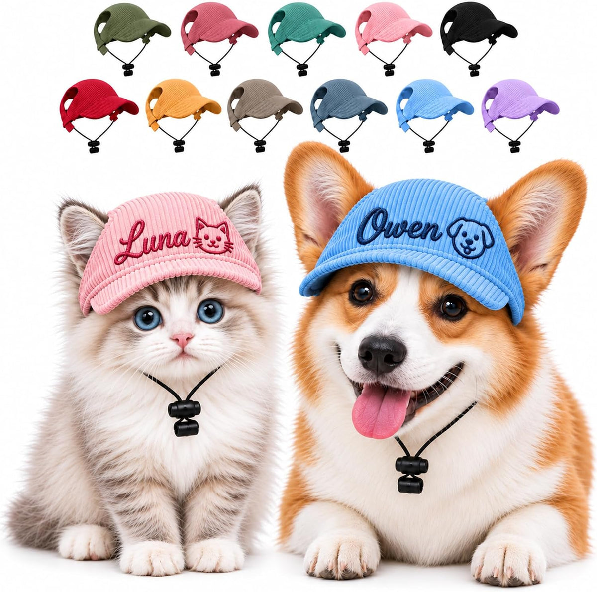 Personalized Dog & Cat Hat, Custom Embroidered Corduroy Cap with Ear Holes