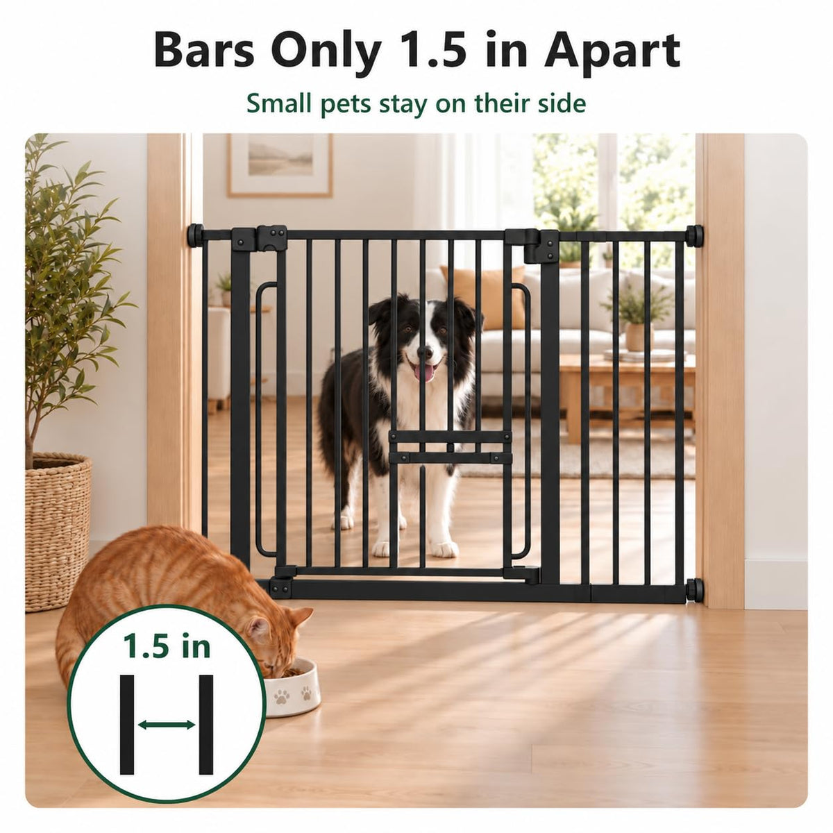 FuzzyNest Dog Gate with Adjustable Cat Door, 29.5-37 in Wide, Black