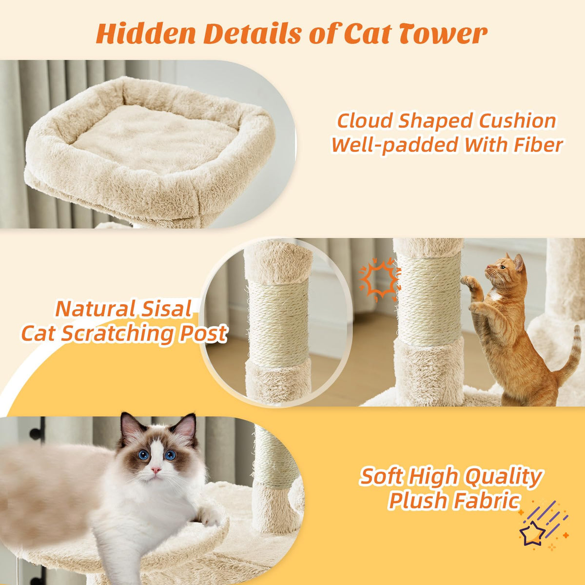 DUMOS Small 44 in Cat Tree Tower with Natural Sisal Scratching Posts