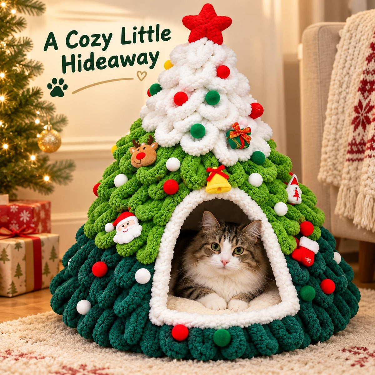 Christmas Tree Cat Bed, Cozy Holiday Cat Cave for Indoor Cats, 3D Christmas Cat House with Semi-Enclosed Hideaway, Folda