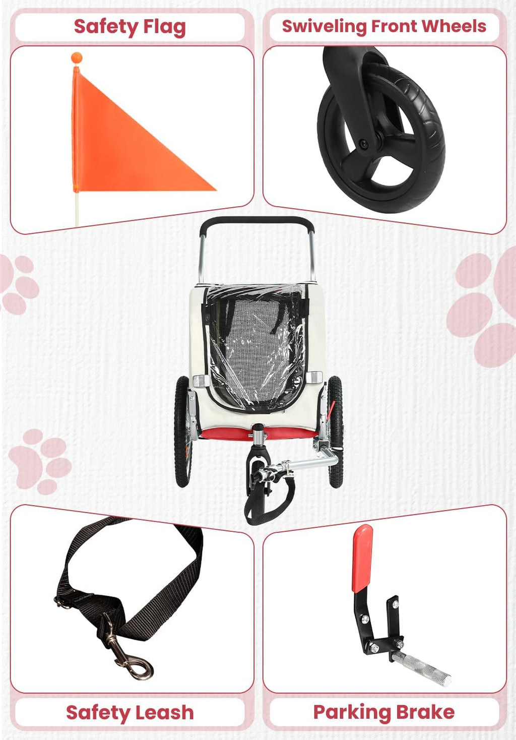 2 in 1 Pet Bicycle Trailer with a 6" Stroller Wheel Suitable for Small and Medium Dogs, Carrier Up to 66/88 LBS, Easy Fo