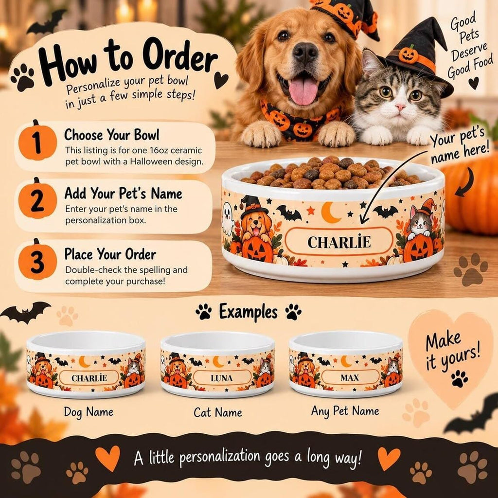 Personalized Halloween Pet Bowl, Custom Dog Cat Ceramic Feeder Dish Gift