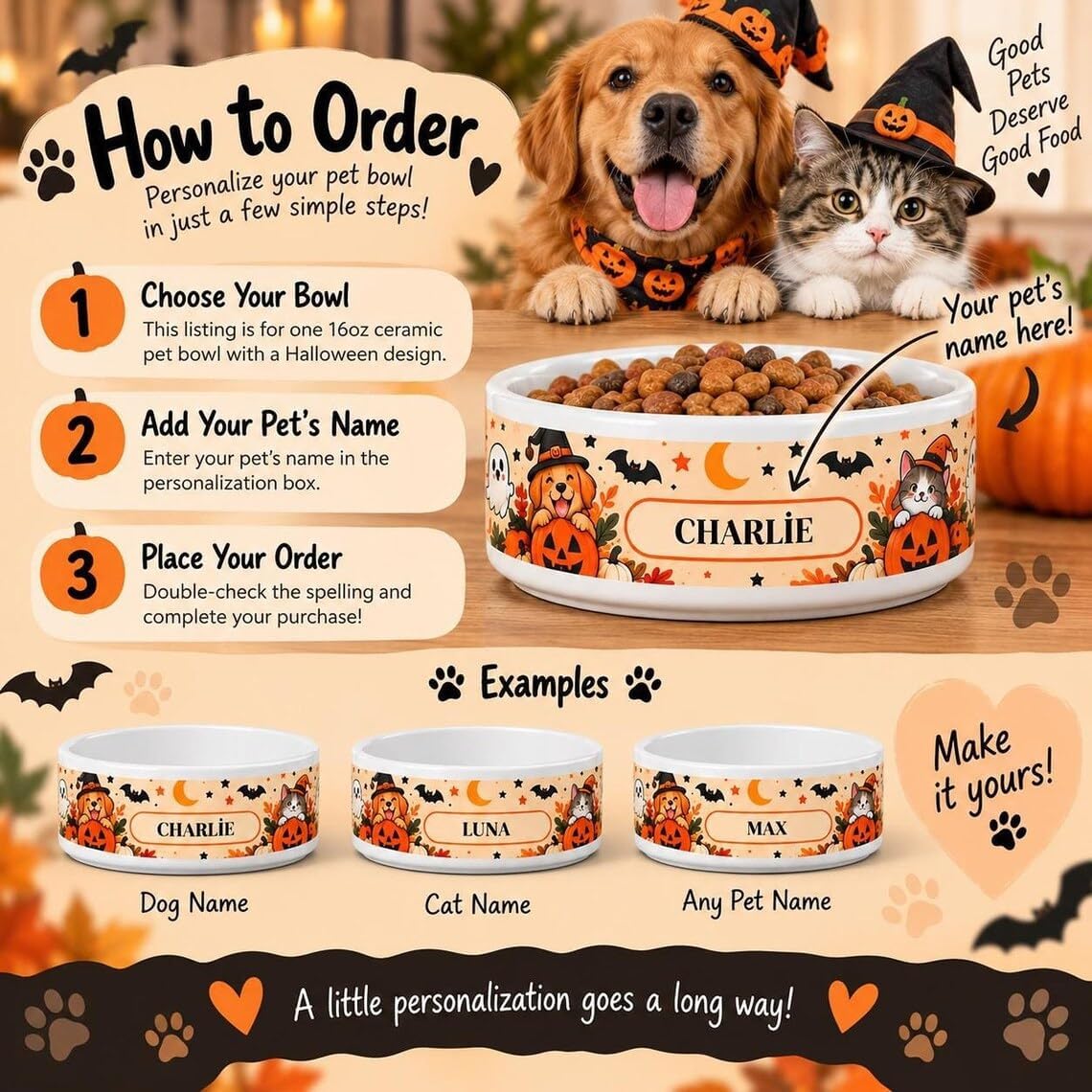 Personalized Halloween Pet Bowl, Custom Dog Cat Ceramic Feeder Dish Gift