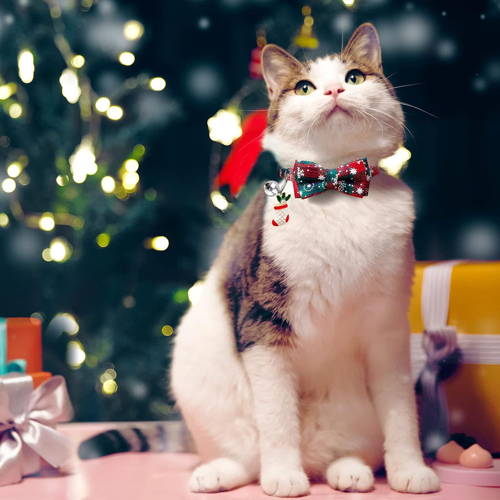 LLHK 4 Pack Christmas Cat Collars with Bow Tie and Bell,Breakaway Kitten Collar for Girl Boy Cats,Adjustable 7-12inch, f