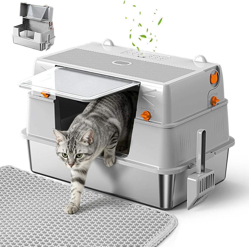 Stainless Steel Litter Box with Lid,135° Flip-Top Lid Litter Box