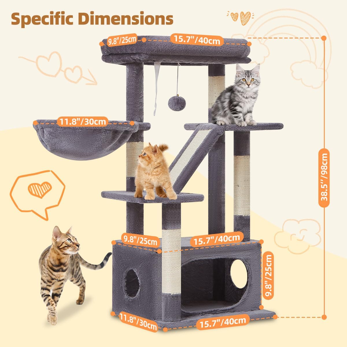 Taoqimiao Cat Tree, 38.5In Cat Tower for Indoor Cats, Suitable for Kittens