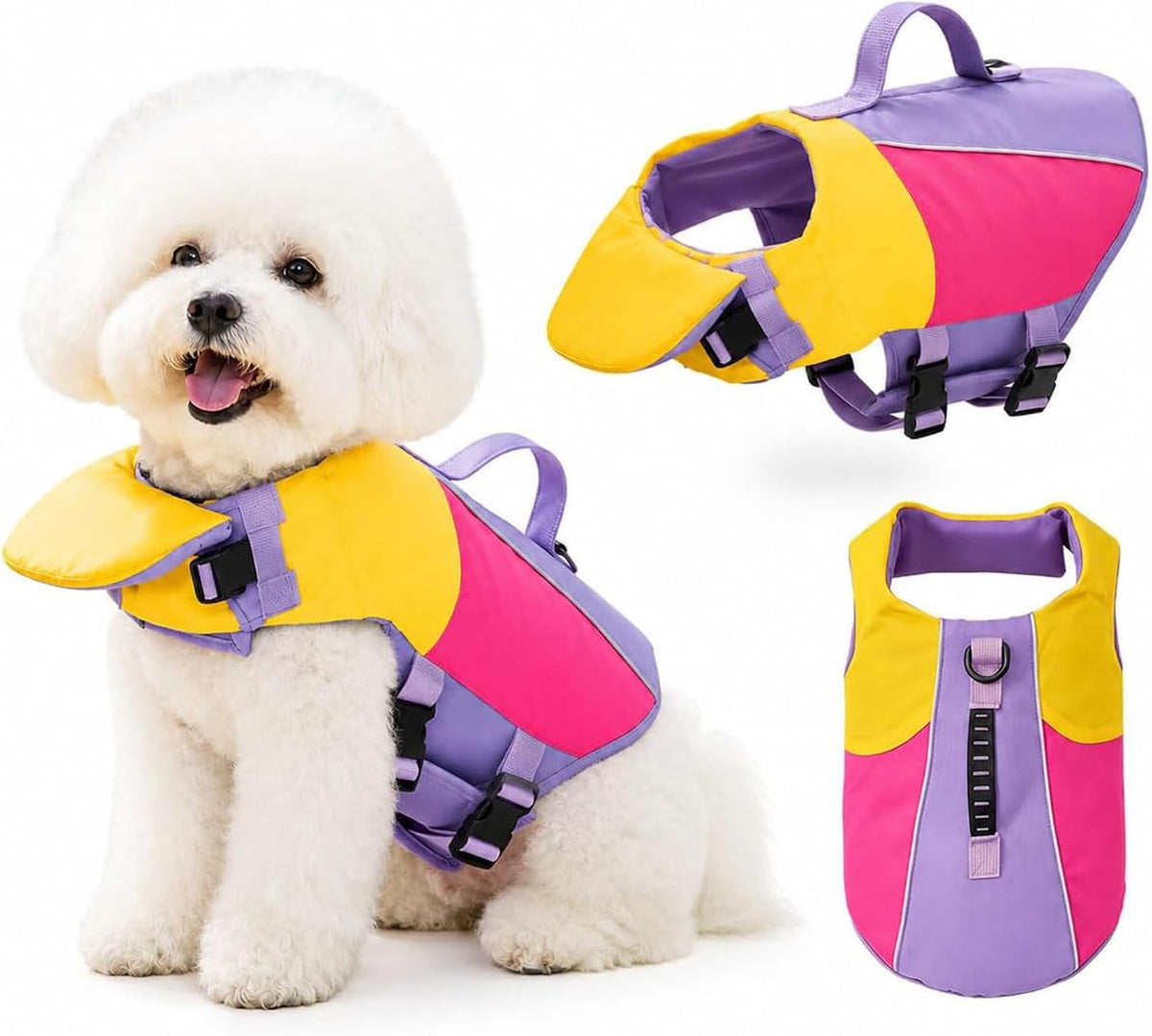 Colorblock Dog Life Jacket, Front Float Dog Life Jacket with Chin Support and Leash D-Ring for Pool Boating, Back Rescue