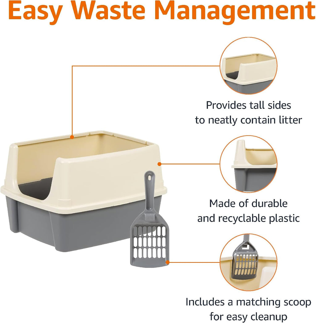 Amazon Basics Large Cat Litter Box with High Sides, Open Top for Easy Access, Includes Scoop with Storage, 19" x 15" x 1