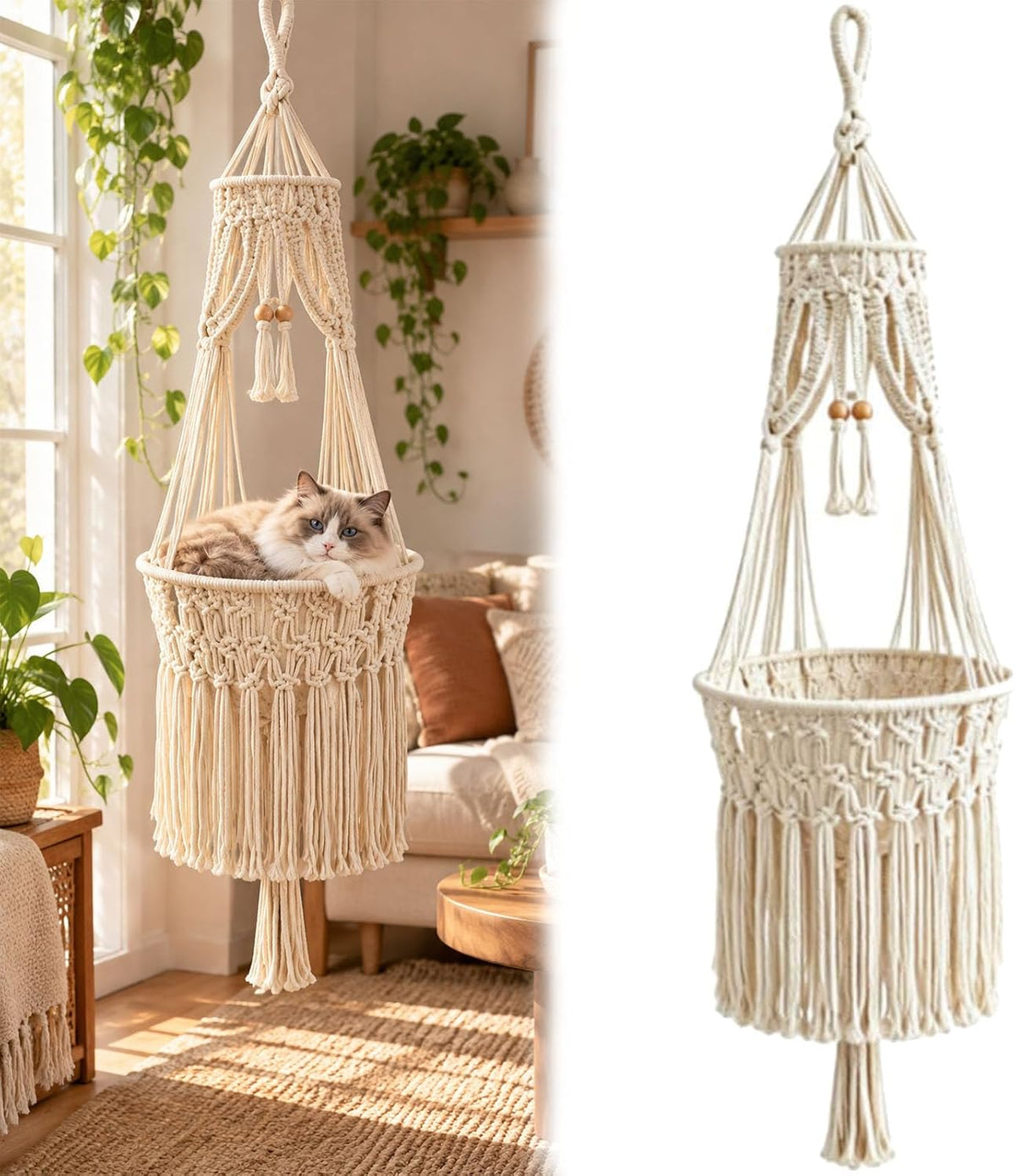 Boho Hanging Cat Bed, Macrame Cat Hammock with Plush Cushion (#A)