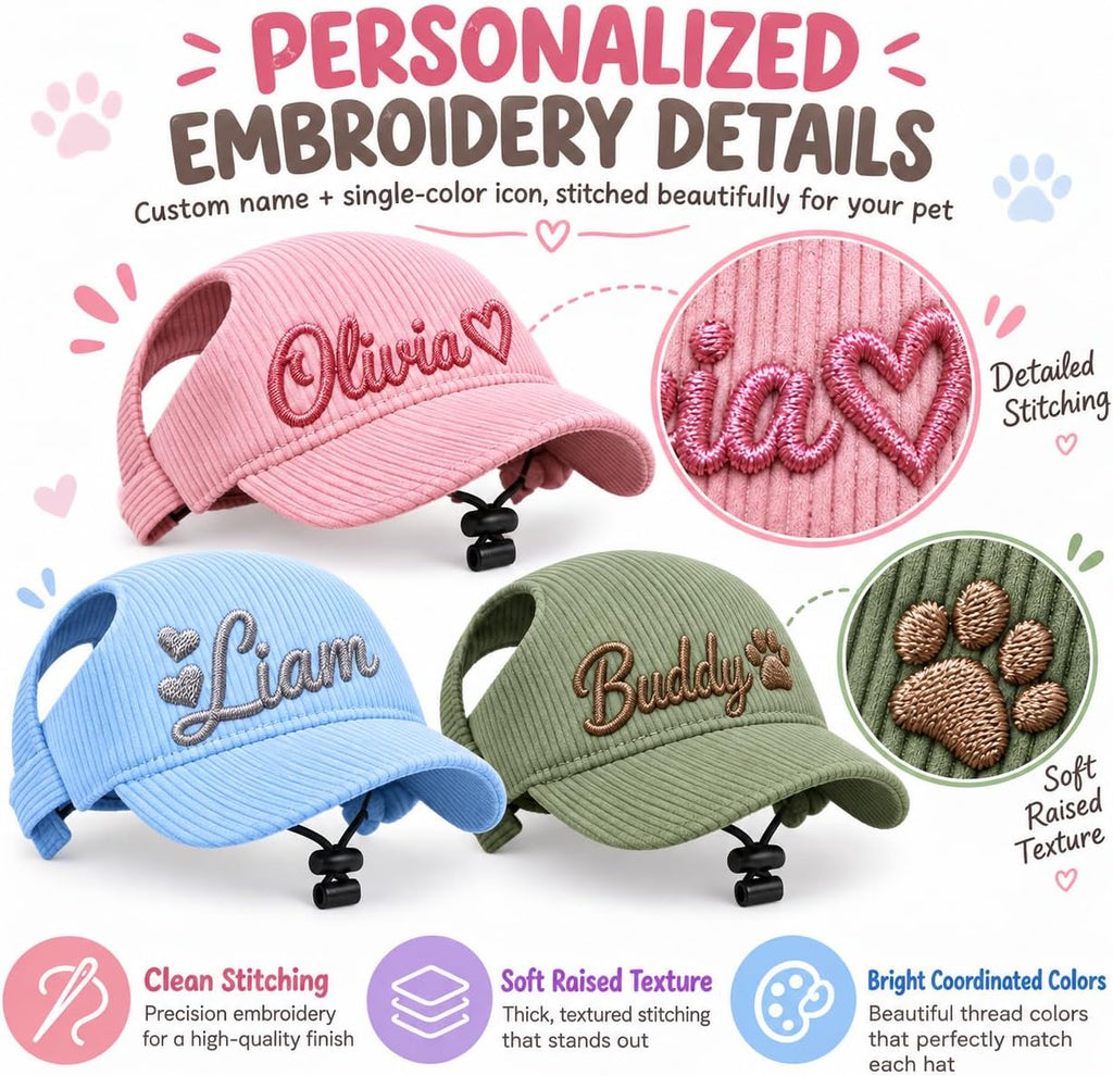 Personalized Dog & Cat Hat, Custom Embroidered Corduroy Cap with Ear Holes