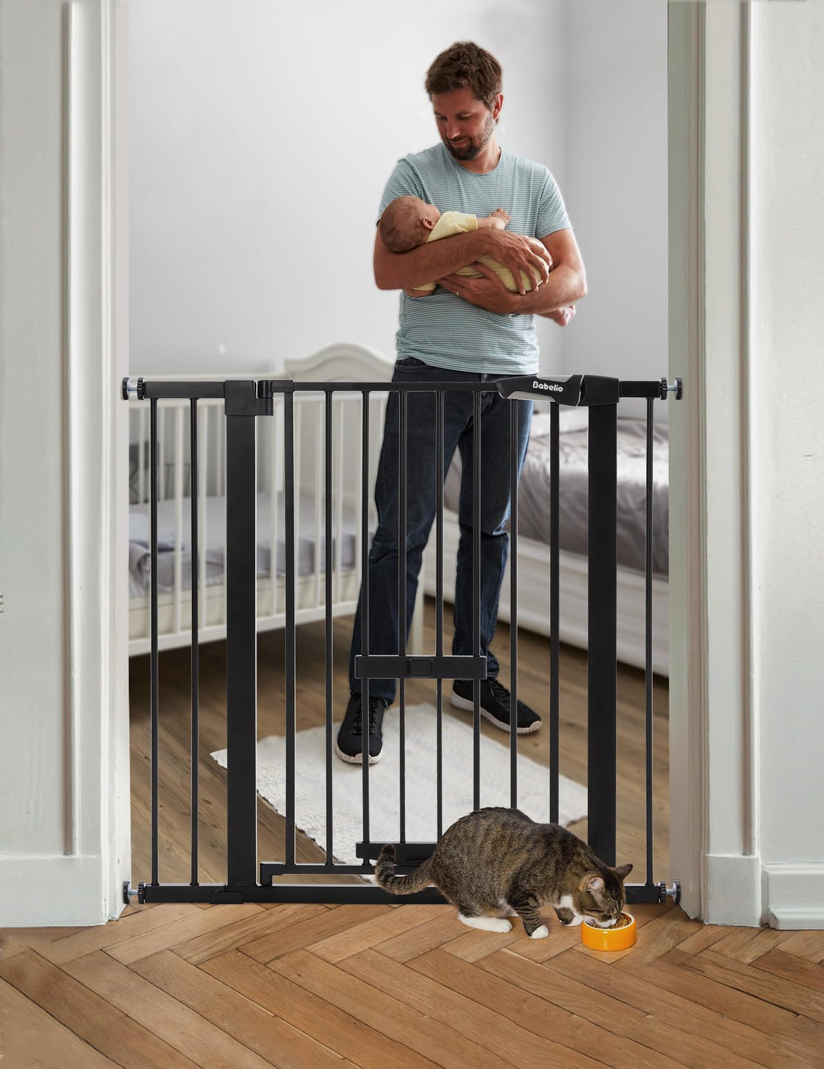 Babelio 36" Tall Pet Gate with Cat Door, CatPrivilege II, 29-40", Black