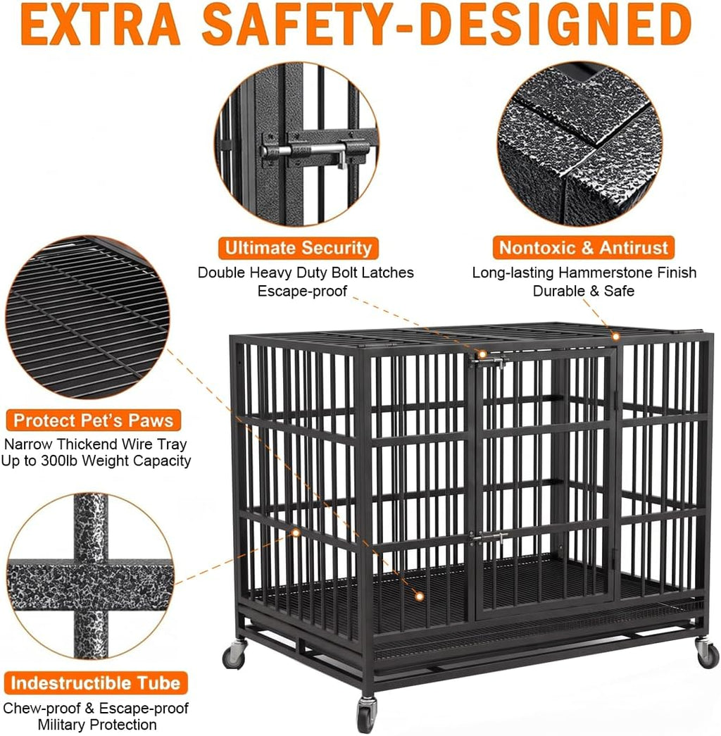 KOKOTANGS 48 Inch Heavy Duty Dog Crate Cage with Wheels, Indestructible and Escape Proof Steel Kennel Indoor for High An