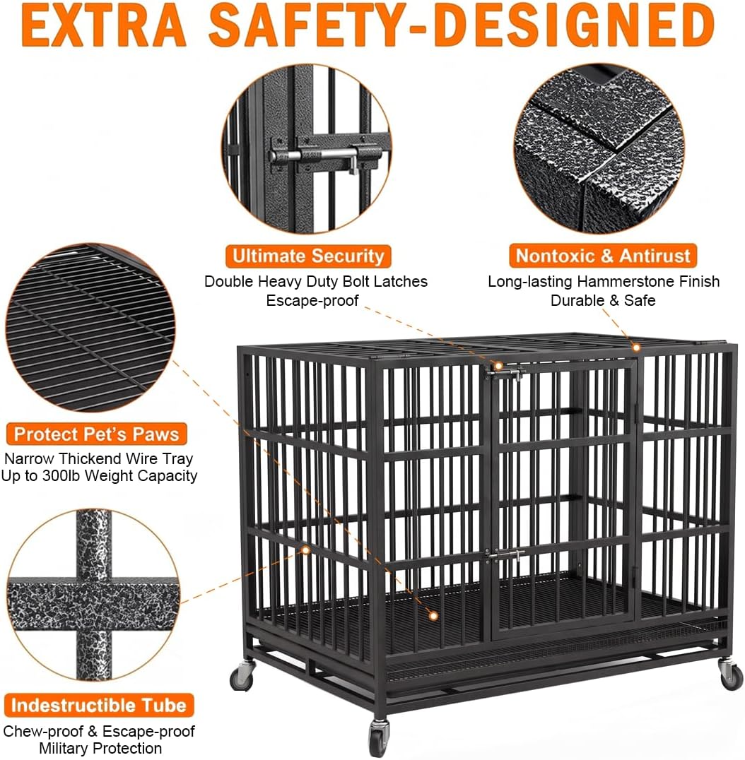 KOKOTANGS 48 Inch Heavy Duty Dog Crate Cage with Wheels, Indestructible and Escape Proof Steel Kennel Indoor for High An
