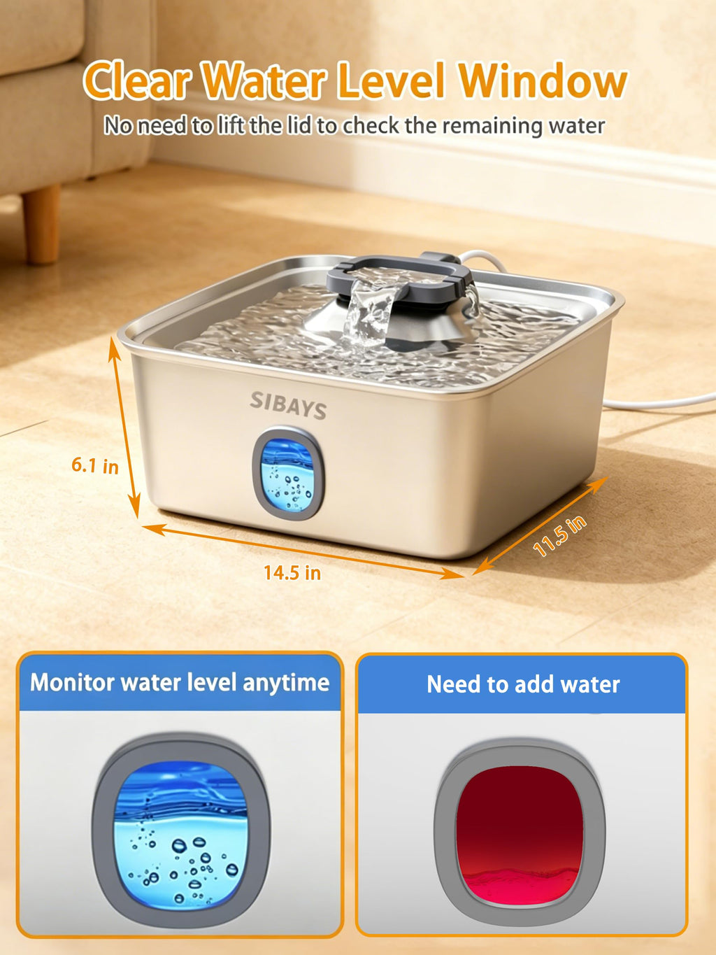SIBAYS Large Dog Water Fountain, 4Gal/15L Large Capacity Stainless Steel Dog Water Bowl Dispenser for Large Dogs & Multi-Pet, Ultra Quiet Automatic Pet Water Fountain with Water Window& LED Light FS76