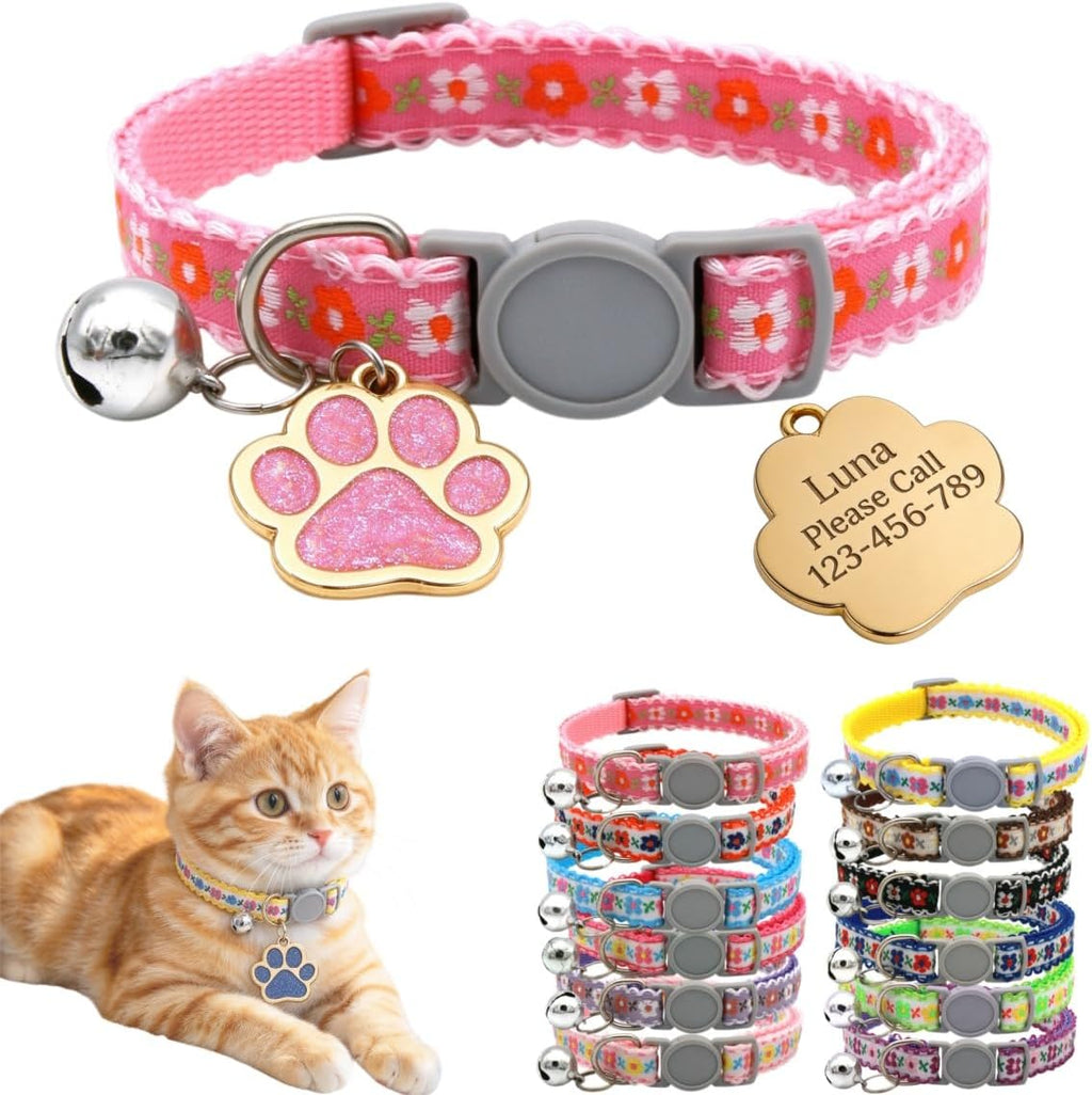 Personalized Breakaway Cat Collar with Name Tag, Embroidered Floral Collar
