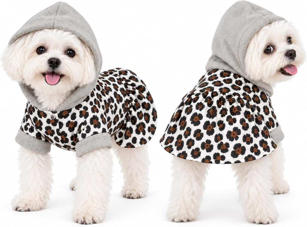Dog Hoodie Sweaters for Small Dogs,Leopard Print Hooded Dress Skirt for Chihuahua Yorkie Pomeranian Maltese Poodle Pug,W