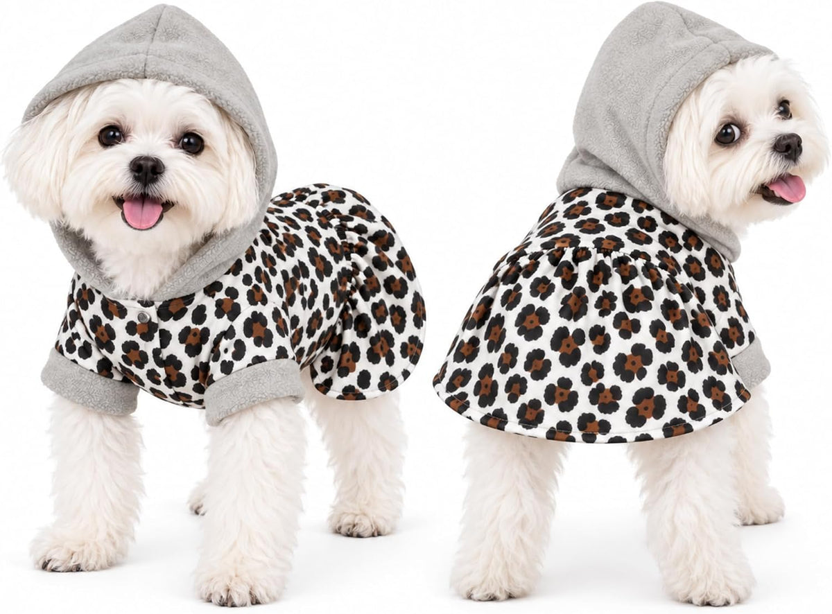 Dog Hoodie Sweaters for Small Dogs,Leopard Print Hooded Dress Skirt for Chihuahua Yorkie Pomeranian Maltese Poodle Pug,W