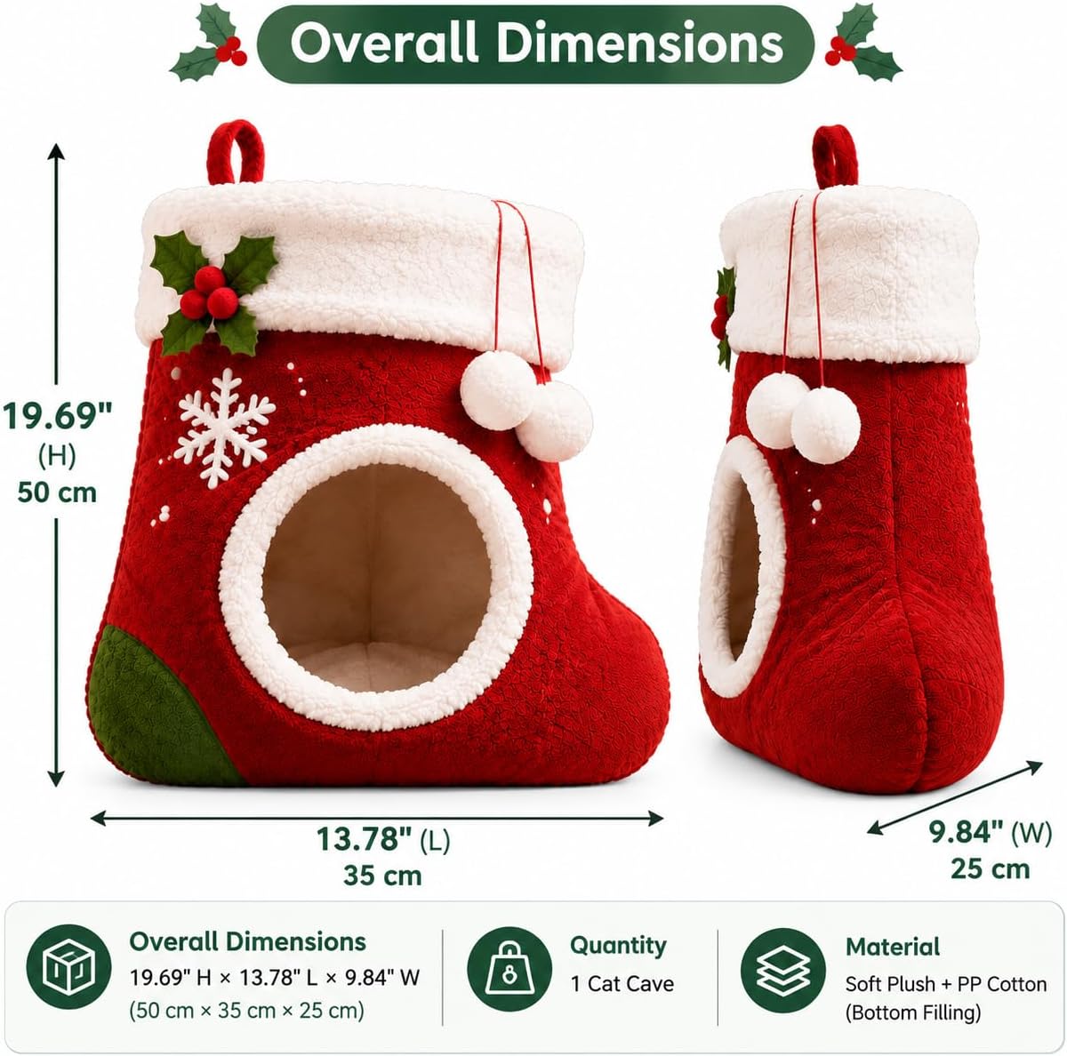 Christmas Cat Cave Bed Enclosed Cat House for Indoor Cats Christmas Stocking Shape Warm Soft Plush Cat Hideaway Bed Anti