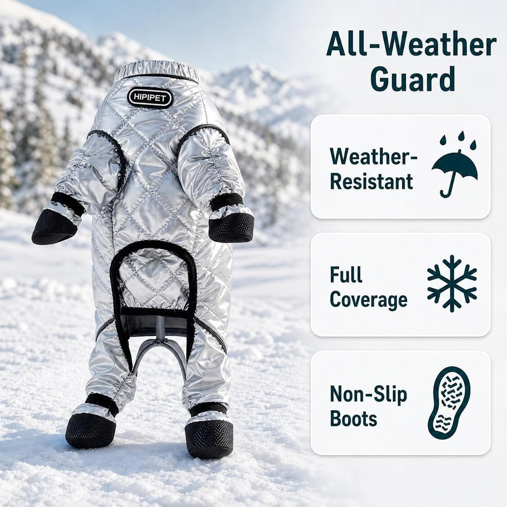 Dog Winter Suit with Boots, Full Coverage Dog Snowsuit，Silver：Large
