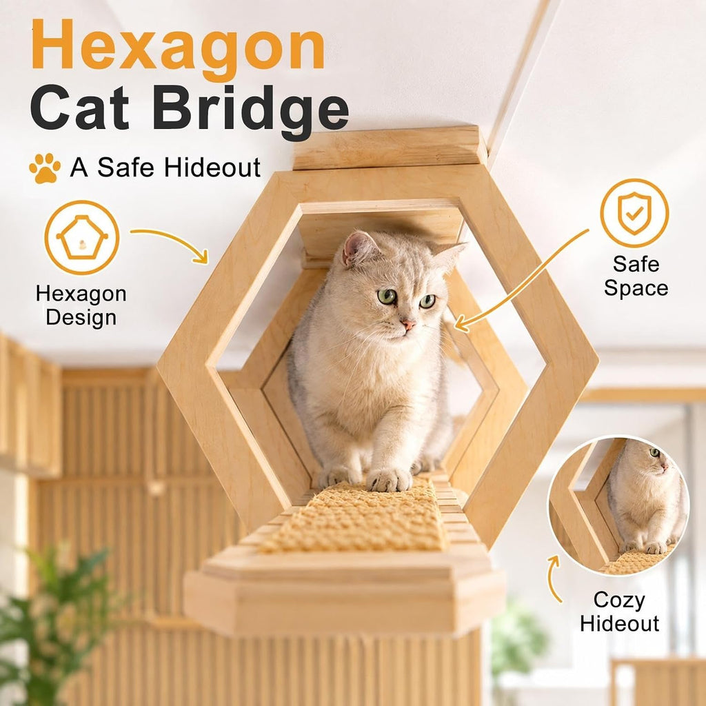 Wooden Ceiling Mounted Cat Bridge, DIY Cat Wall Shelves with Rope Walkway