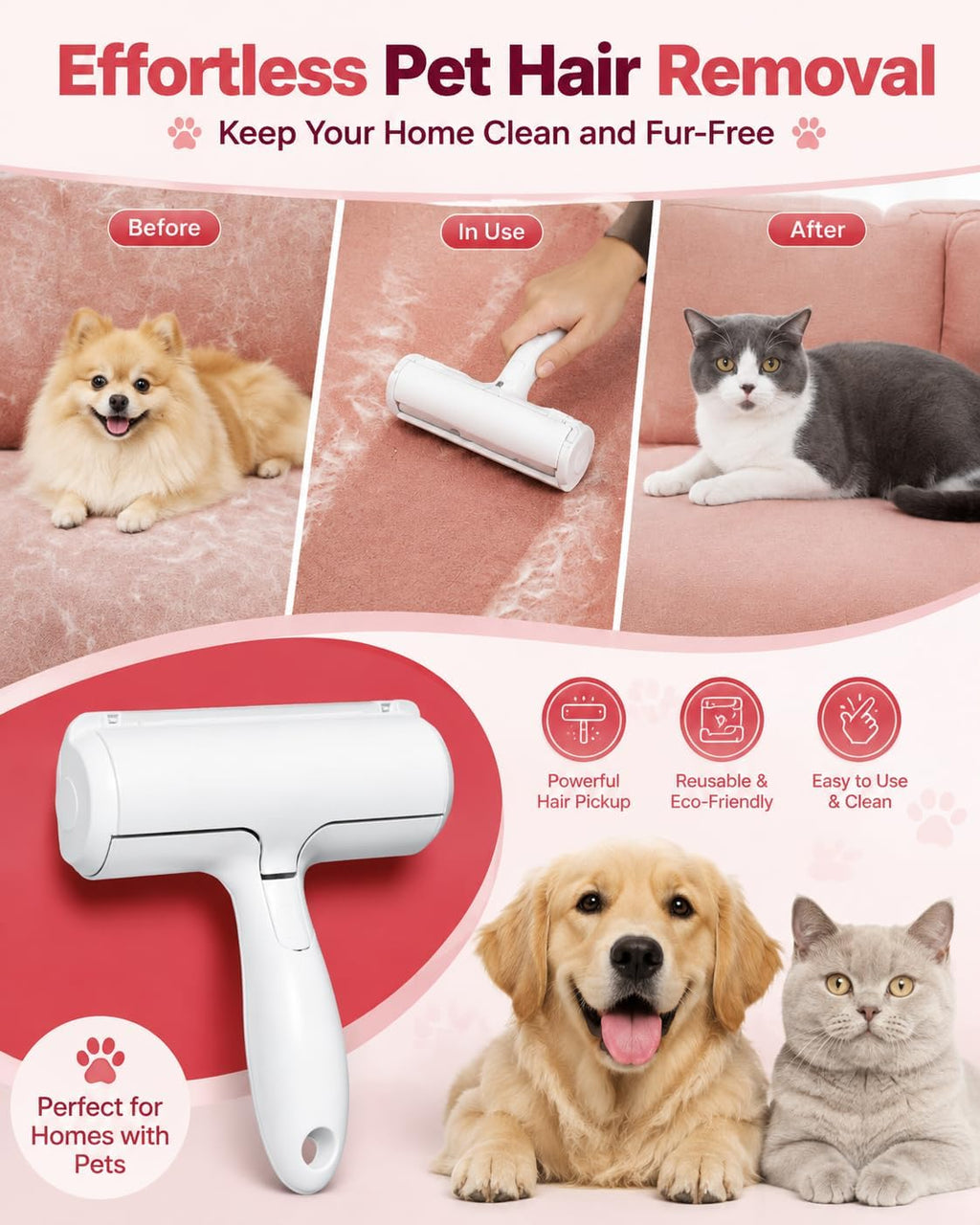 Reusable Pet Hair Remover Roller for Dog & Cat Hair, Self Cleaning, White