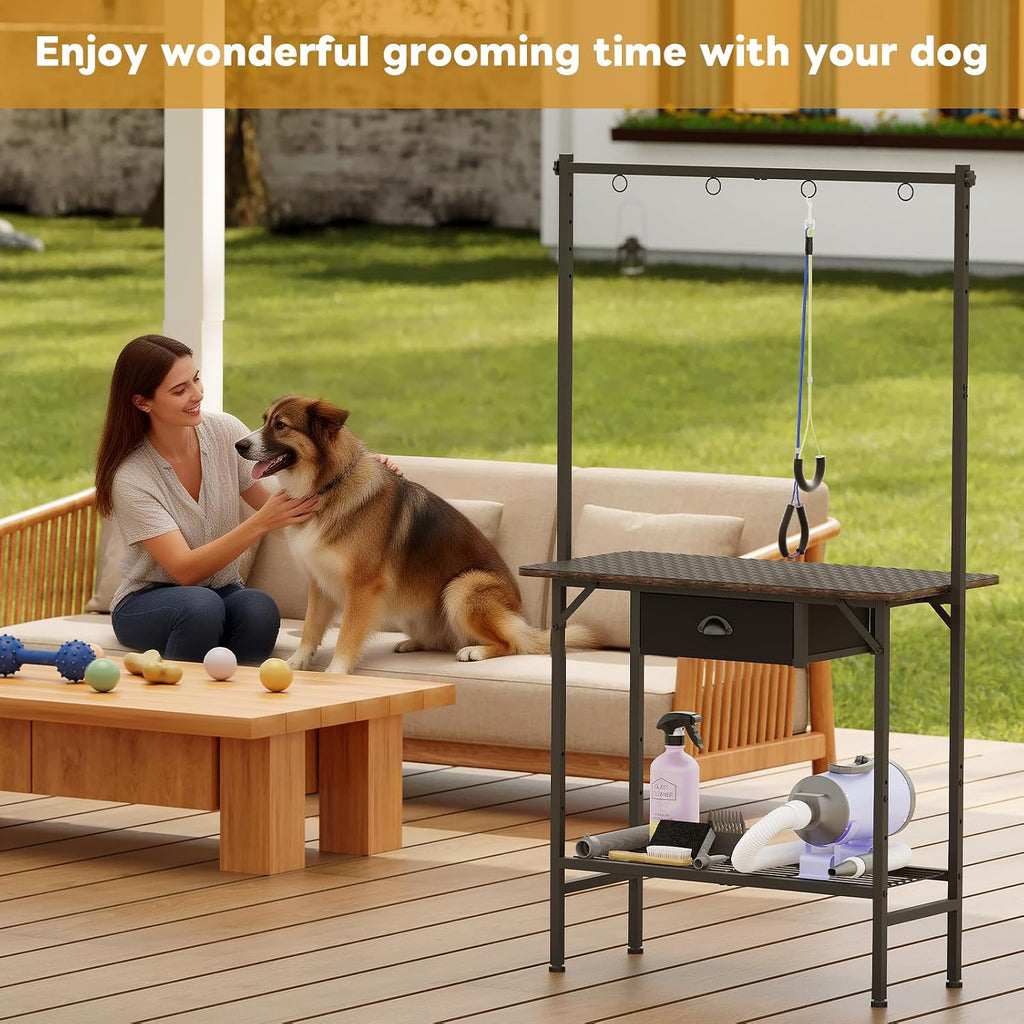 Dog Grooming Table with Drawers and Mesh Tray,32 Inch Adjustable Pet Grooming Table with Non-slip Removable Washable Mat
