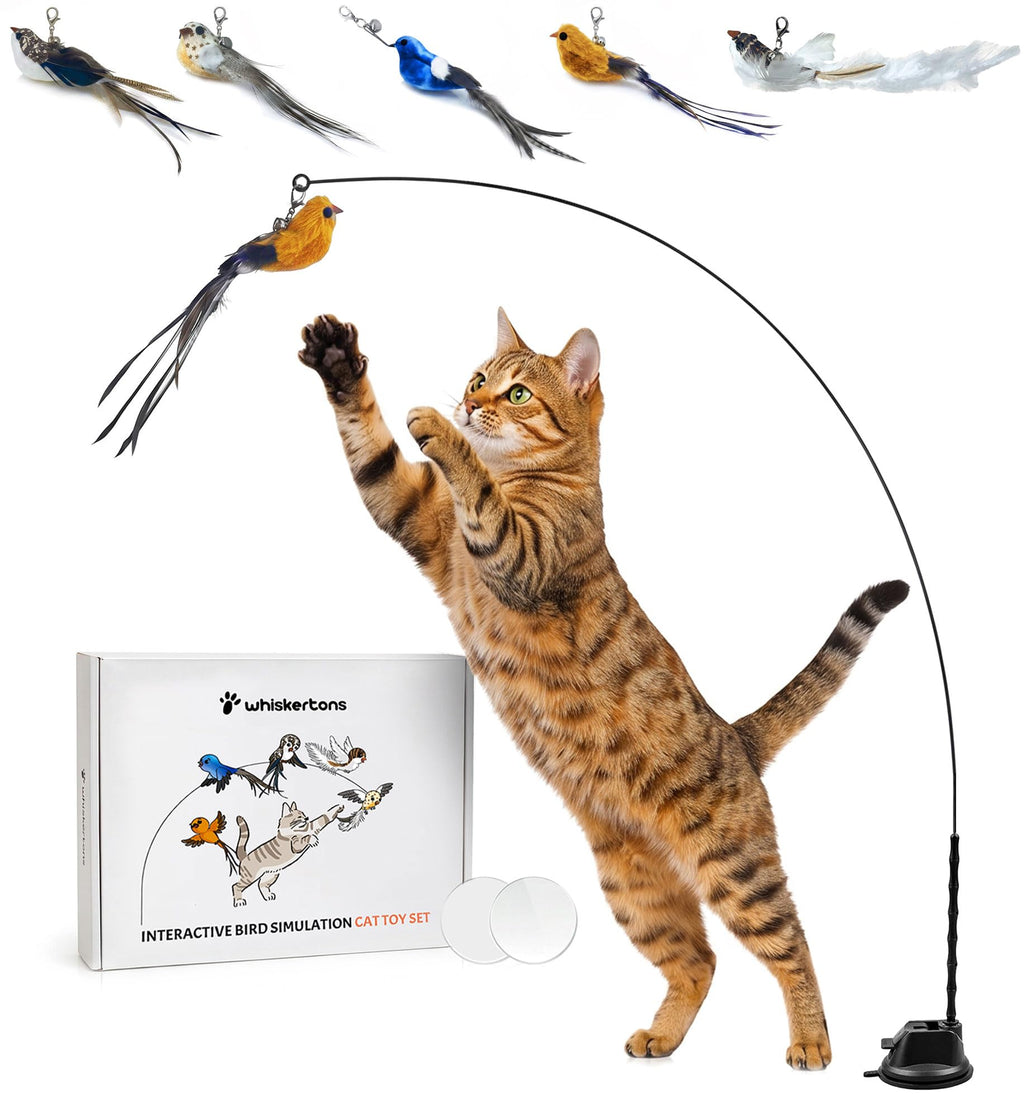 Whiskertons Interactive Bird Simulation Cat Toy Set, Interactive Cat Toys for Indoor Cats, Cat Feather Toy, Self-Holding Suction Base, 5 Replacement Birds, Feathers & Bells, Realistic Bird Impression