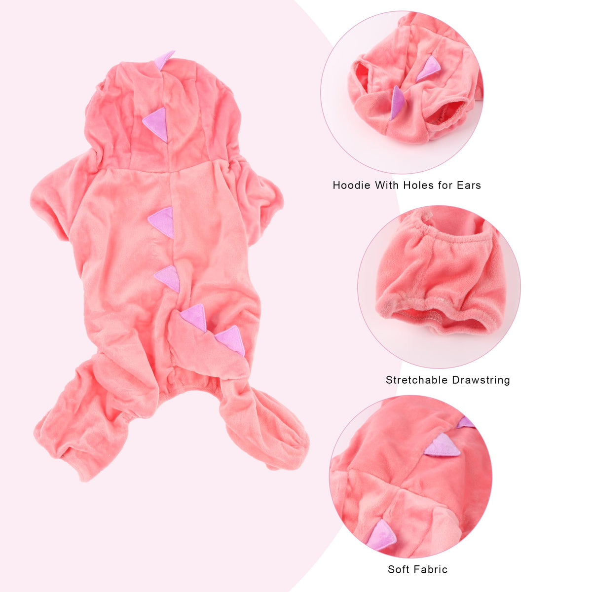 DELIFUR Dinosaur Dog Halloween Costume Pet Dino Hoodie for Small Dogs Cats (M, Pink)