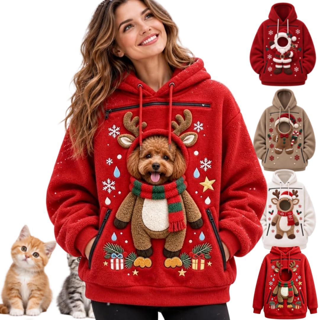 Womens Mens Pet Pouch Santa Hoodie Zip Cat Carrier Christmas Sweatshirt