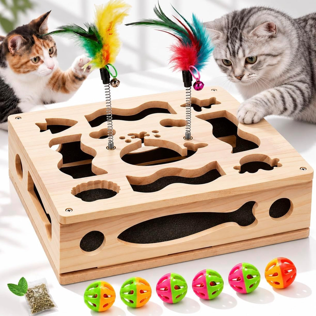 Cat Nail File Scratcher Box, 4-in-1 Interactive Wooden Scratch Puzzle Toy