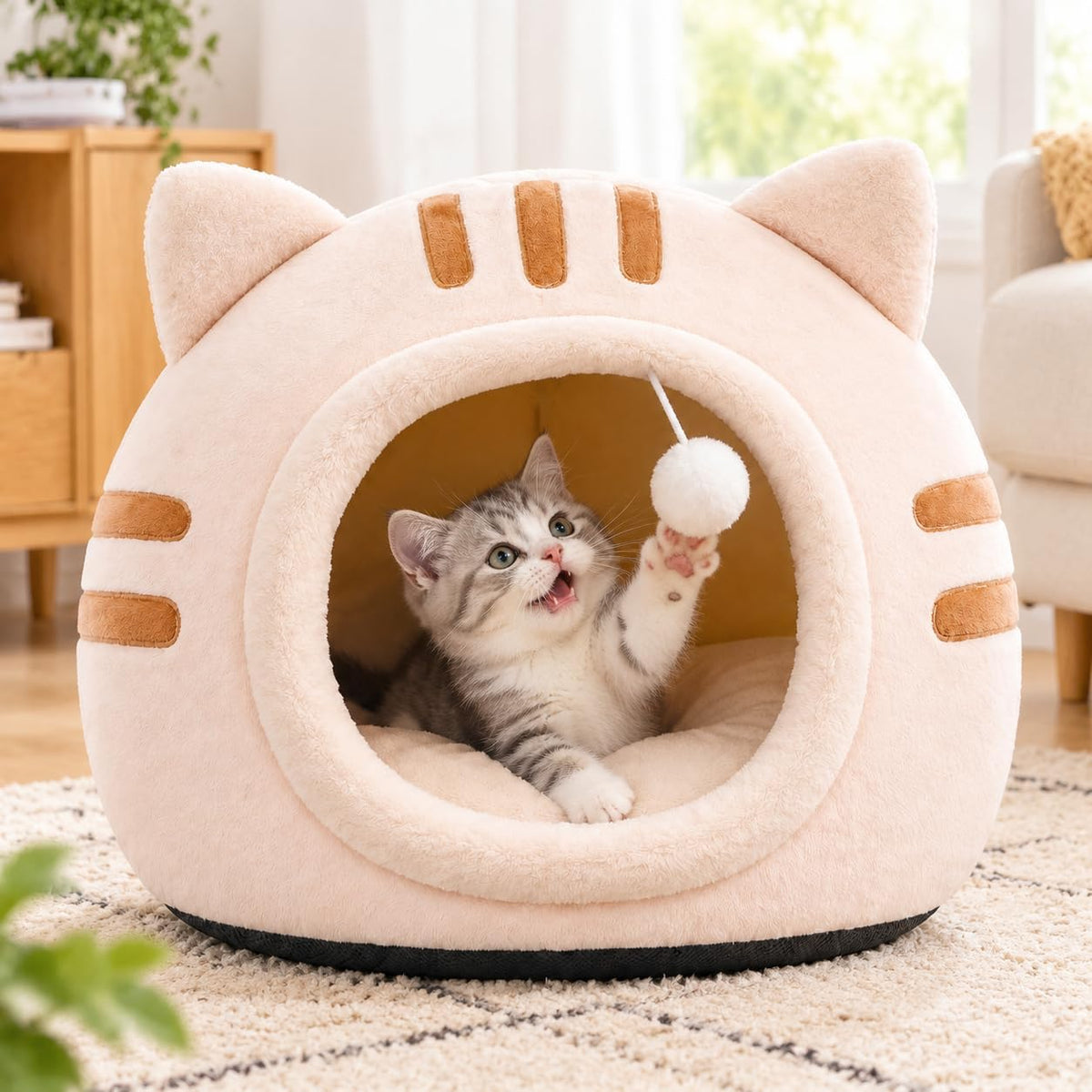 Cat Bed Cave Enclosed Cat Beds for Indoor Cats, Washable Covered Hideaway (Light Pink, L)