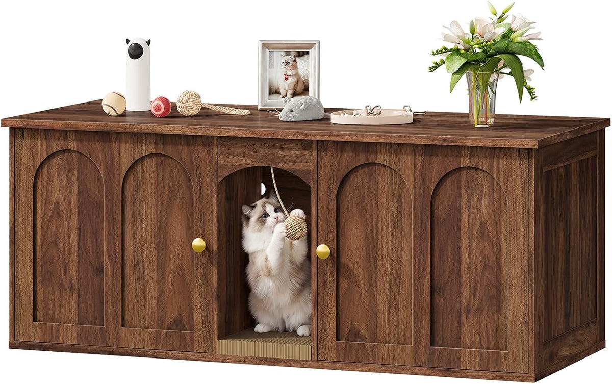CHOEZON 47.2'' Cat Litter Box Enclosure for 2 Cats with Scratch Pad, Walnut