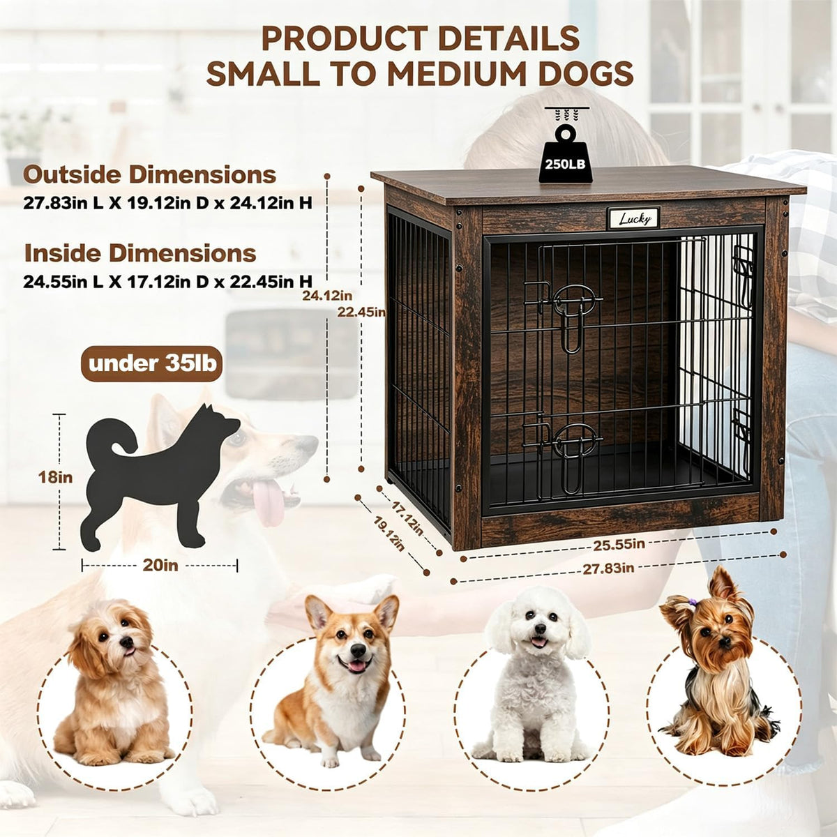 Furniture Style Dog Crate End Table for Small Medium Dogs, 28" Wooden Indoor Dog Kennel with Reversible Side Door & Doub