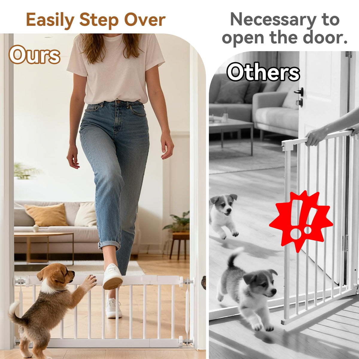 Fldofaves Dog Gate - 18"-45" Adjustable Extra Wide Metal Baby Gate to Step Over, 10" Tall Small Pet Gate with 3 Extension Kits, Pressure Mounted for Doorways & Stairs