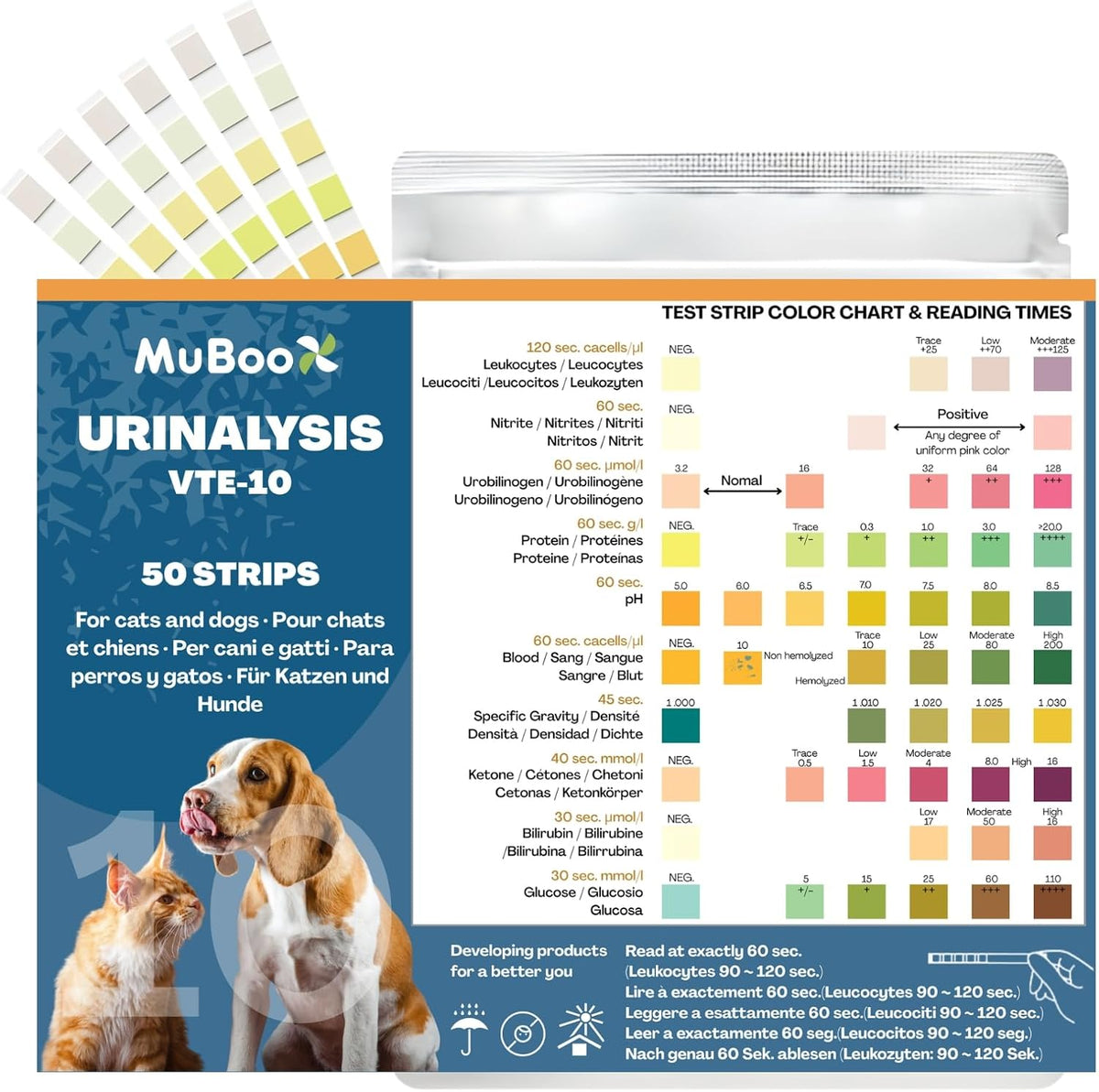 Dog UTI Test Strips for Dogs & Cats, 50 Count 10-in-1 Pet Urinalysis Test Kit, Fast Results Urine Strips for Ketone, Glu