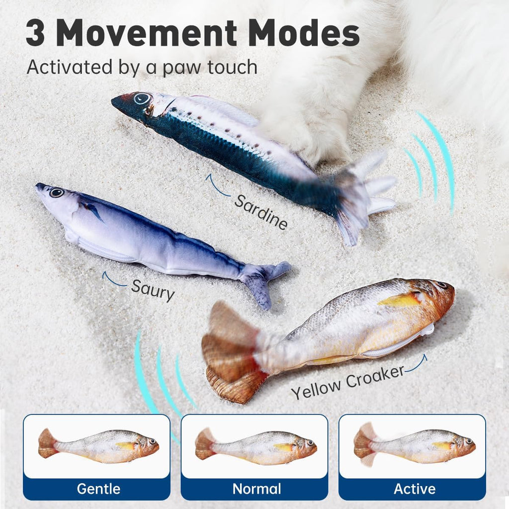 Petgravity Bite-Sized Realistic Flopping Fish Cat Toys, 3 Pack, Interactive Cat Toys for All Breeds, Tap-Activated 3 Fla