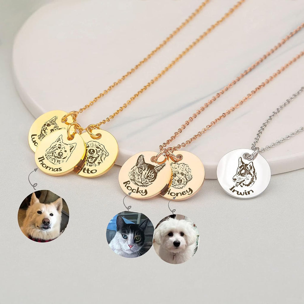 Anavia Personalized Pet Portrait Necklace, Handmade Memorial Jewelry Gift, Custom Round Disc Photo Engraved Necklace for